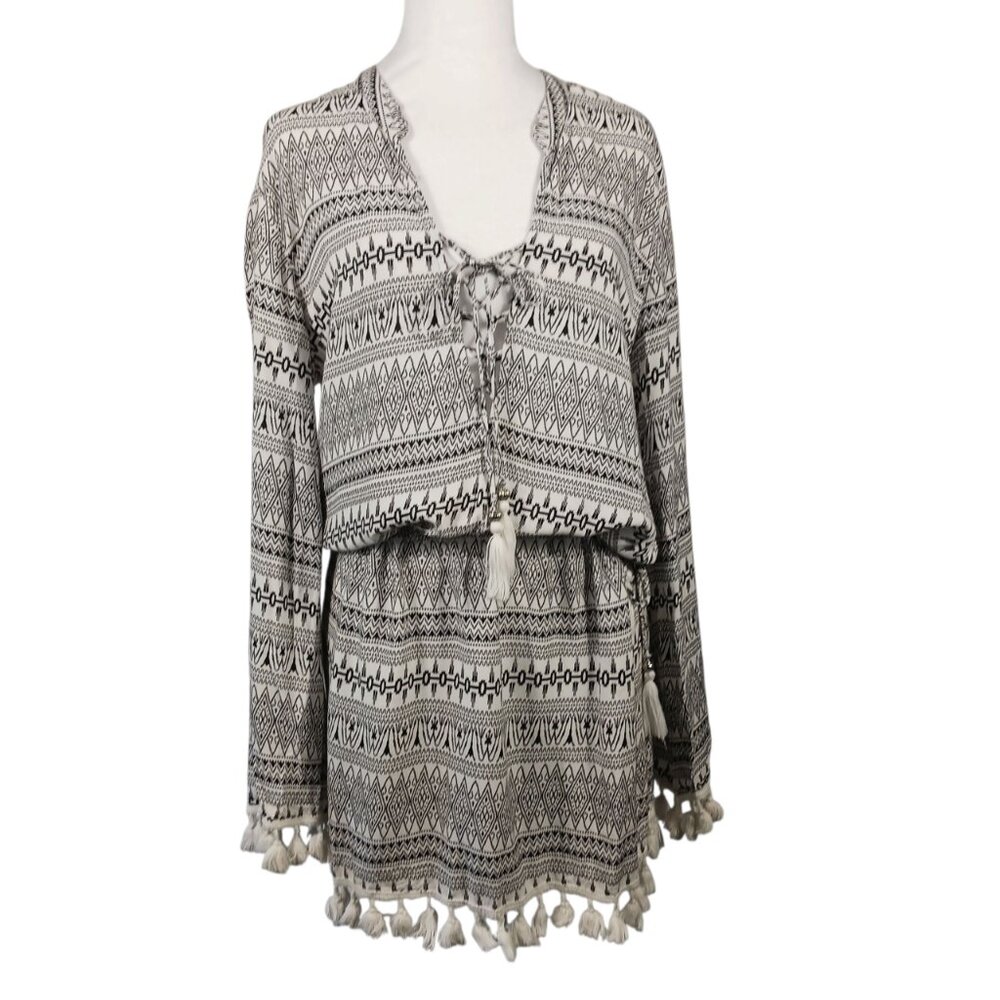 Blue Island Swim Cover Up, Size Medium, Black & White Print With White Pom Trim - Picture 3 of 16